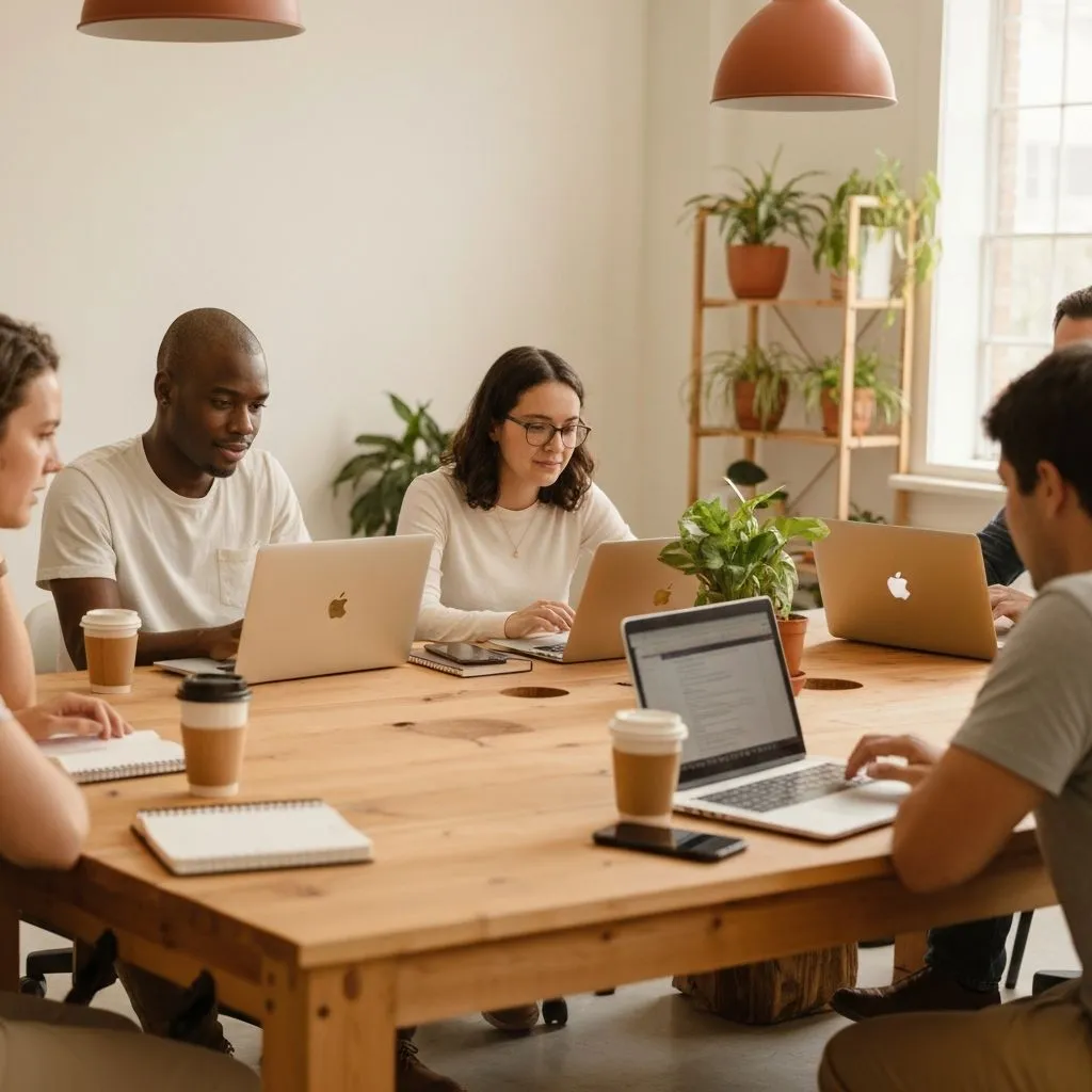 Creators collaborating together at a workshop table